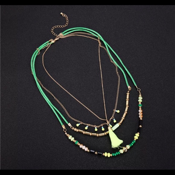 #sold Layered Boho Neon Yellow Necklace - Picture 4 of 5